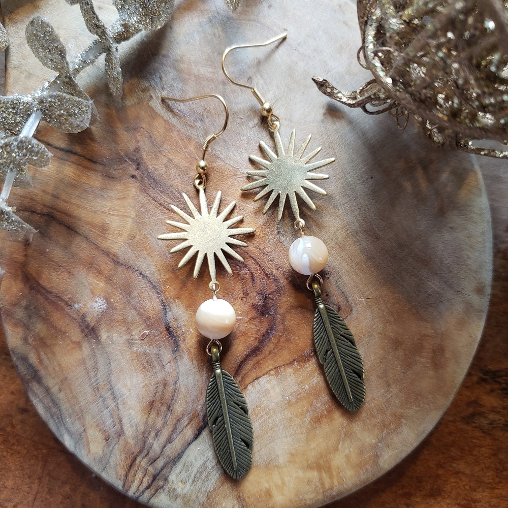 Handmade Celestial Sun x Mother of Pearl x Feathers Earrings